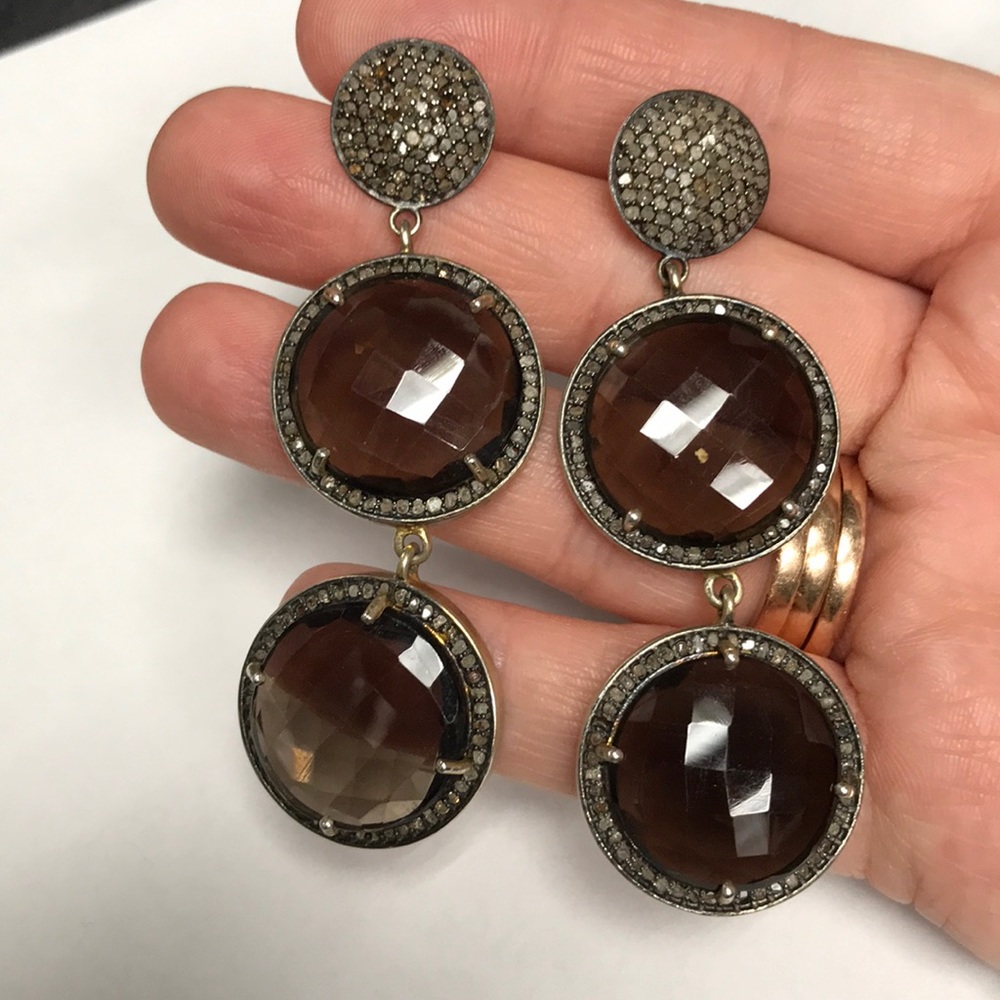 Diamond and Smokey quartz dramatic drop earrings